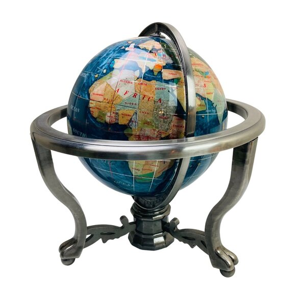 Lapis Lazuli Round World Globe w Gemstone Countries 12x12" Metal Stand & Compass - Picture 1 of 14